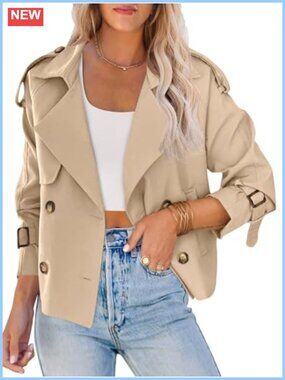 Womens Cropped Trench Coat Double Breasted Short Fall Jacket Loose Fit